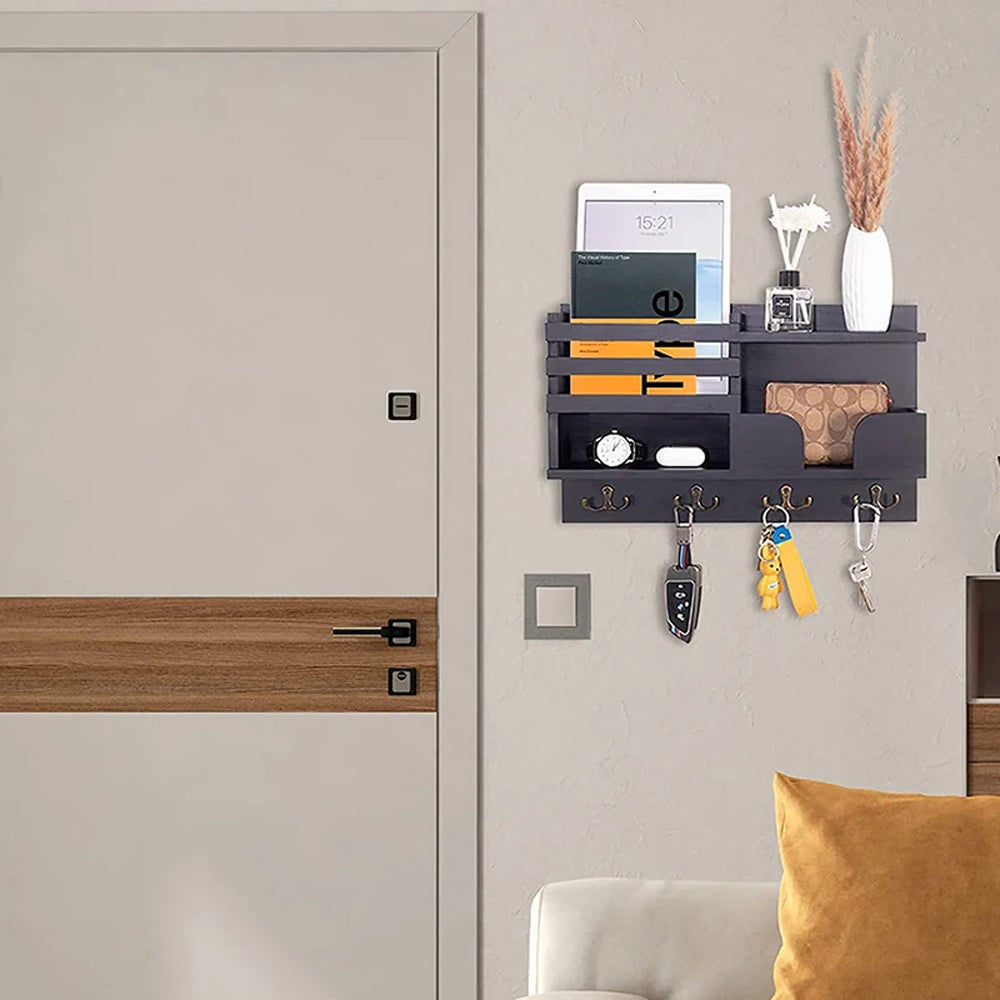Wooden Key and Mail Holder for Wall Mail Organizer Wall Mount with 4 Hooks