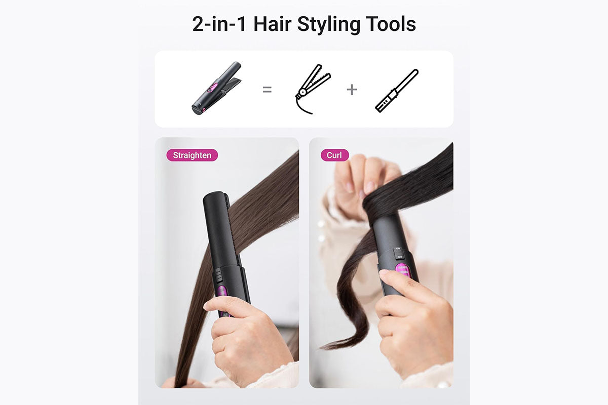 Cordless Hair Straightener and Curler 2 in 1 Mini Ceramic Flat Iron for Travel