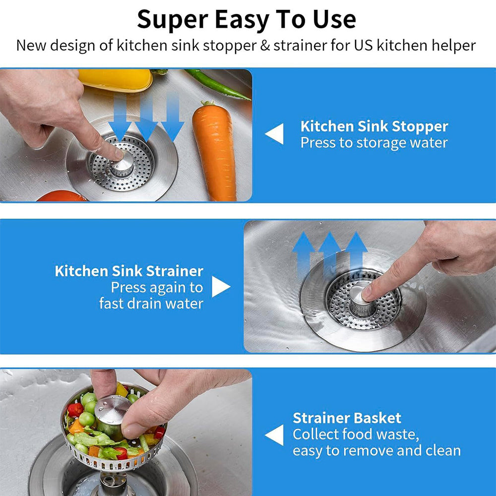 2Pcs Stainless Steel Pop Up Sink Strainer Kitchen Bathroom Waste Plug Filter Drain Stopper