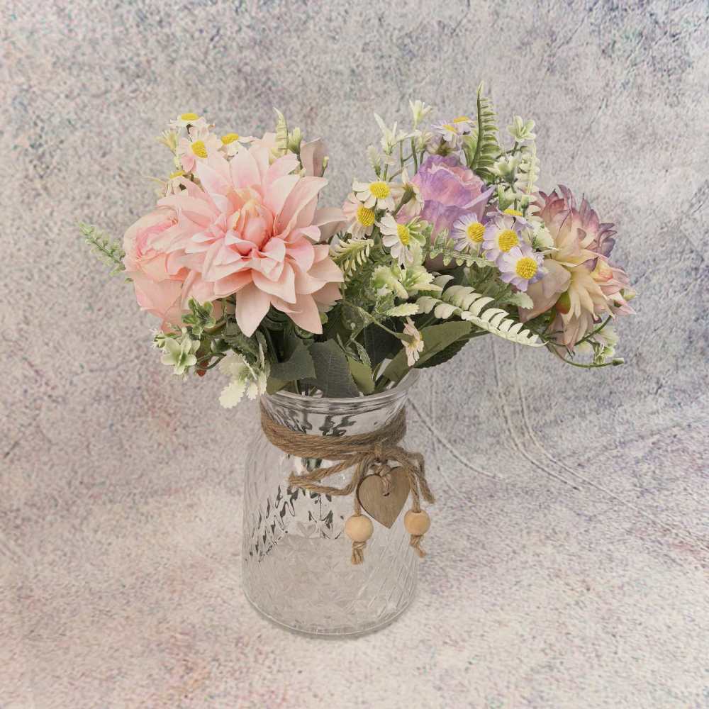 Silk Artificial Flowers with Glass Vase Set for Home Decoration