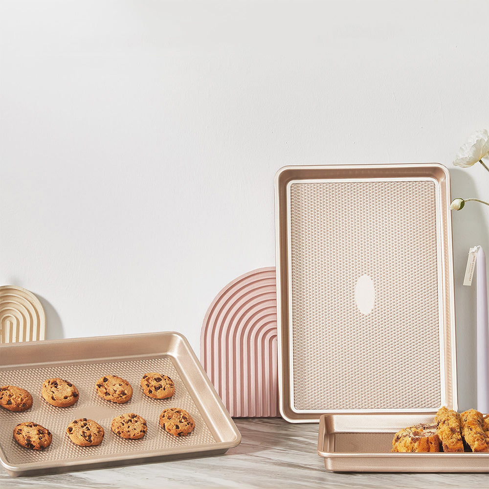 3 Piece Nonstick Carbon Steel Baking Pan Set in Champagne Gold