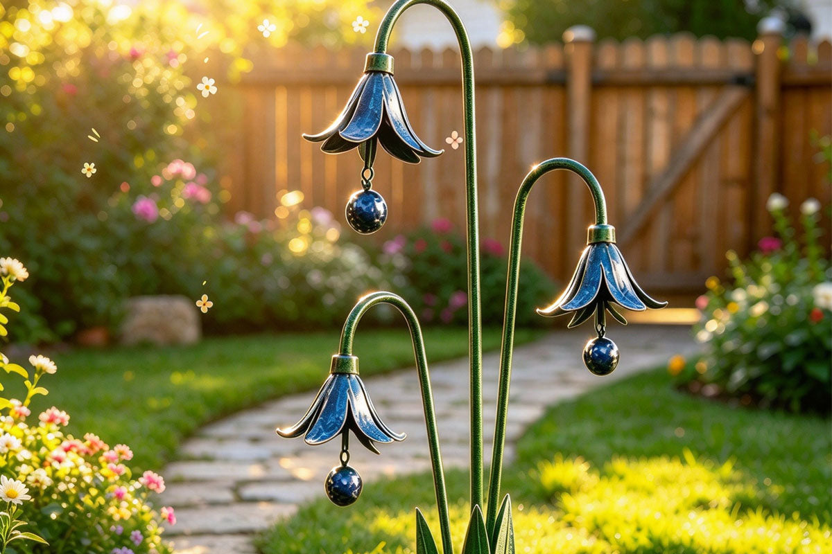 Metal Flower Wind Chime Garden Stake Outdoor Yard Ornament with Bells