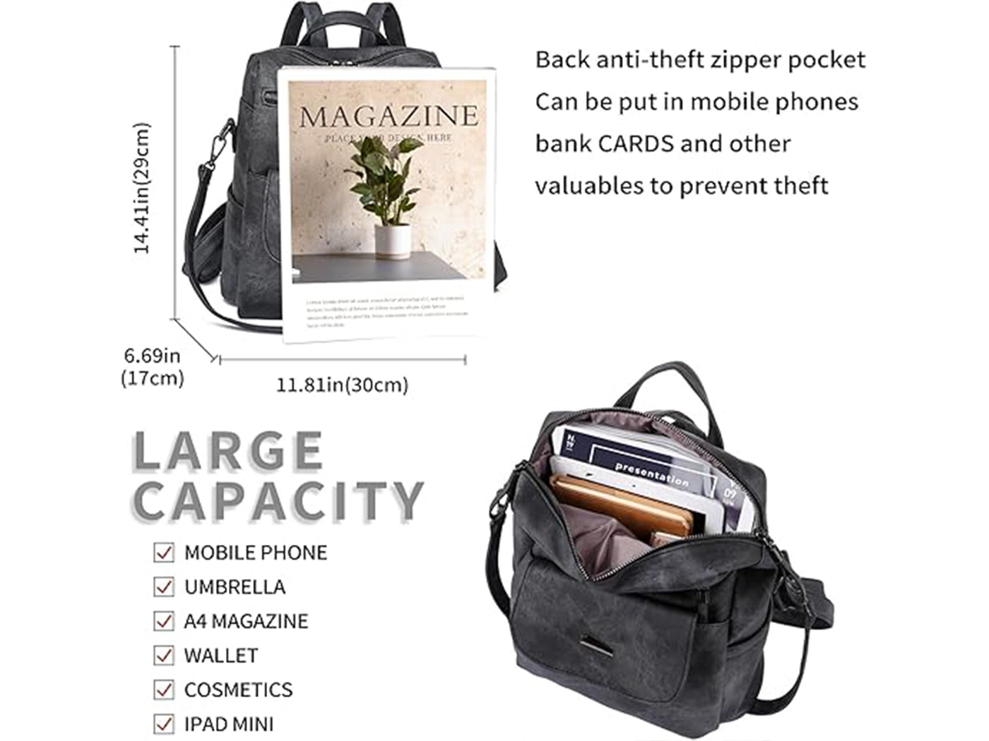 Women's Anti-Theft PU Leather Travel Backpack