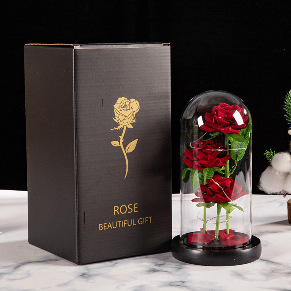 Three Rose in Glass Dome Eternal Flower LED Valentine's Day Wedding Decor with LED Light