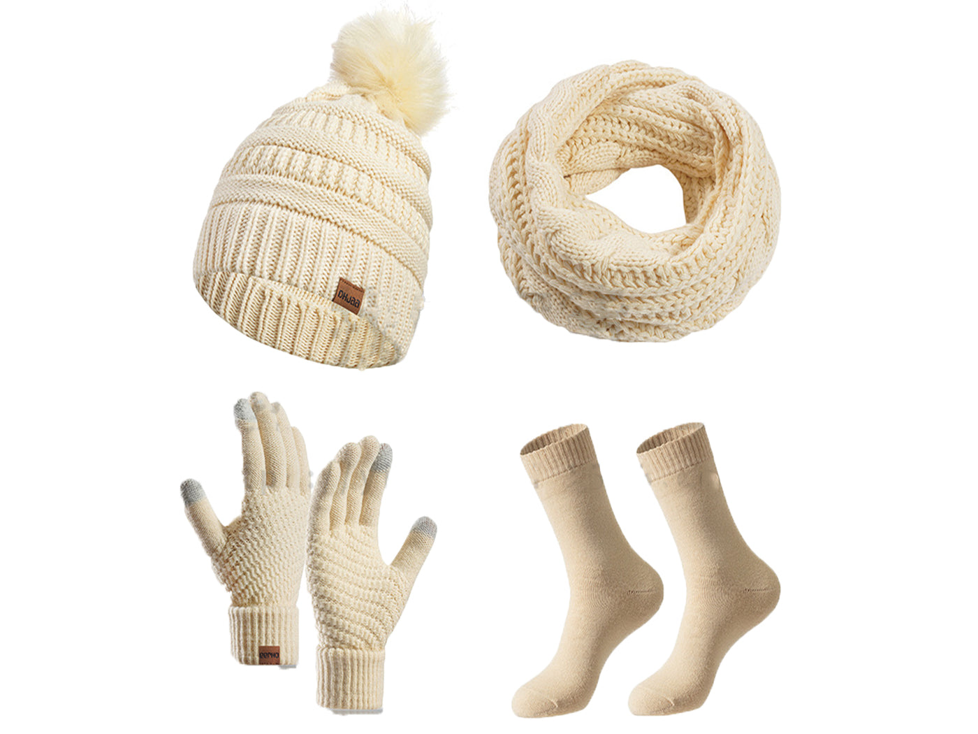 Winter Warm Knit Beanie Hat Scarf Touch Screen Gloves and Socks Set for Women