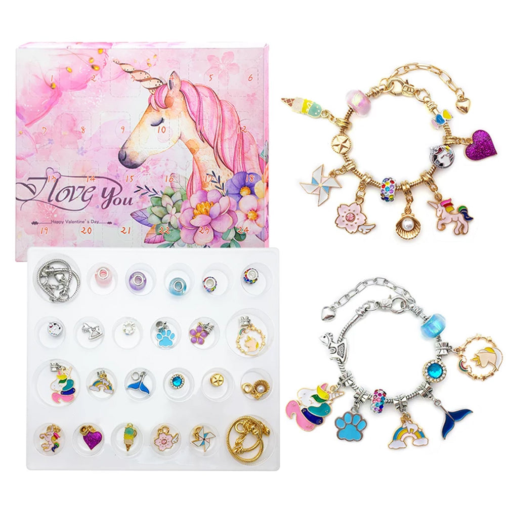 24-Days Countdown Advent Calendar Unicorn Box Charm Bracelet Set