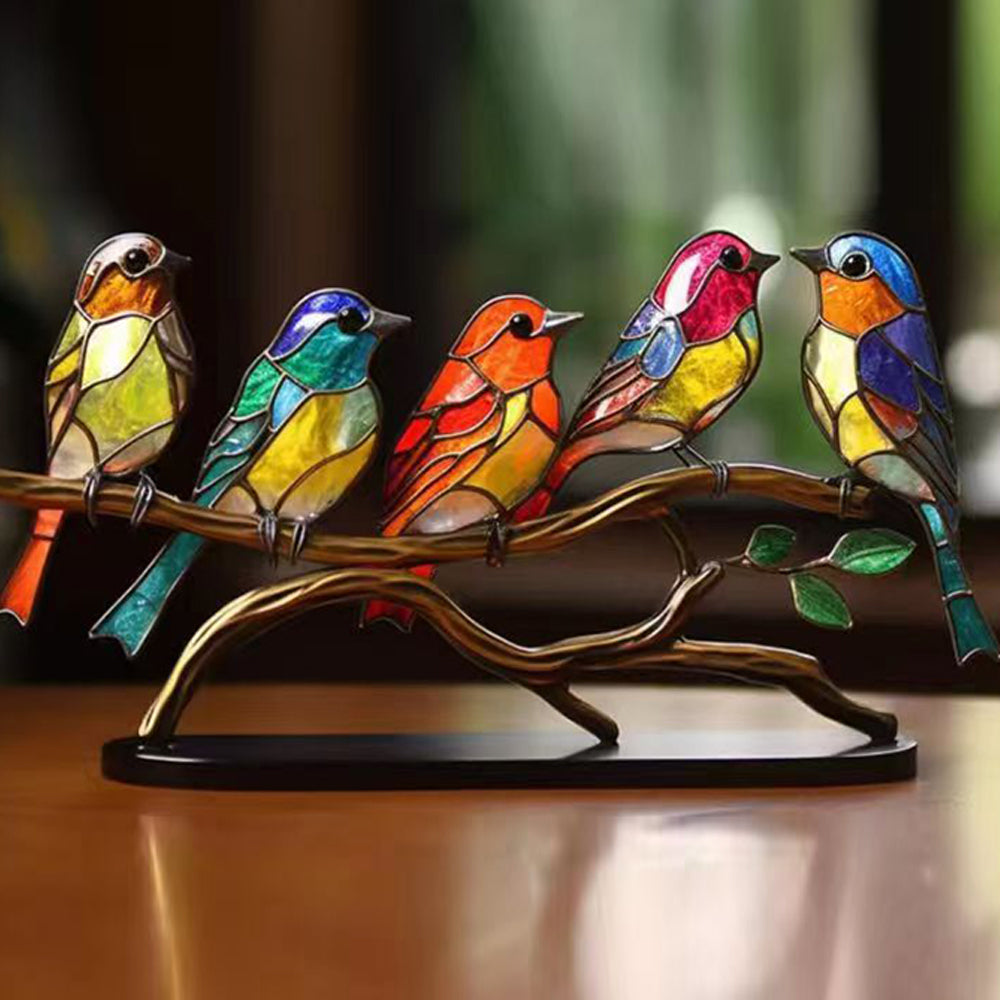 Cute Birds Hummingbird Stained Window Decorations-A branch of 5 birds