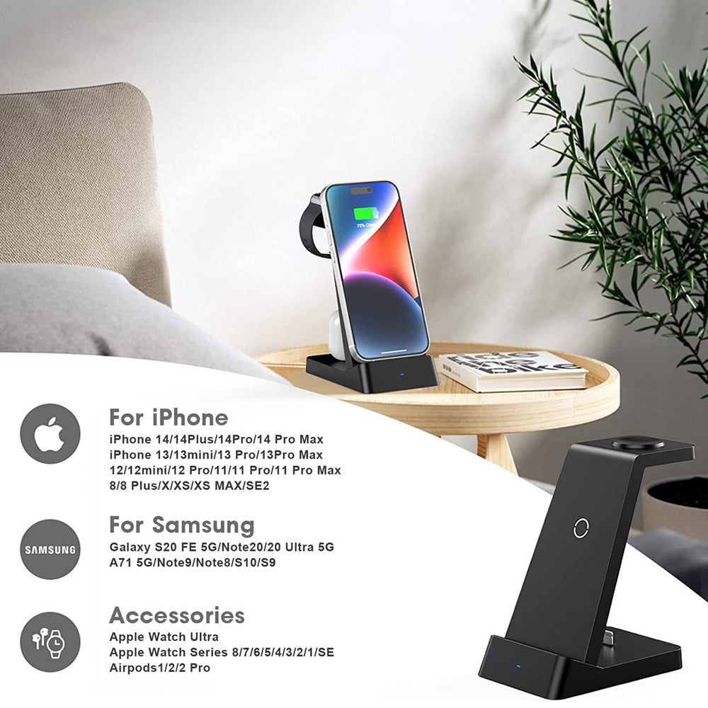 3 in 1 15W USB Wireless Qi Fast Charging Station for Phone/Apple Watch/AirPods