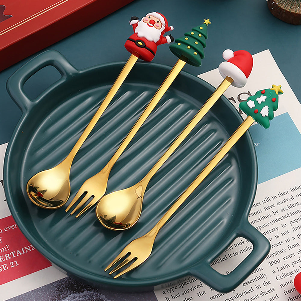6Pcs Christmas Cake Dessert Coffee Stainless Steel Spoon Fruit Fork