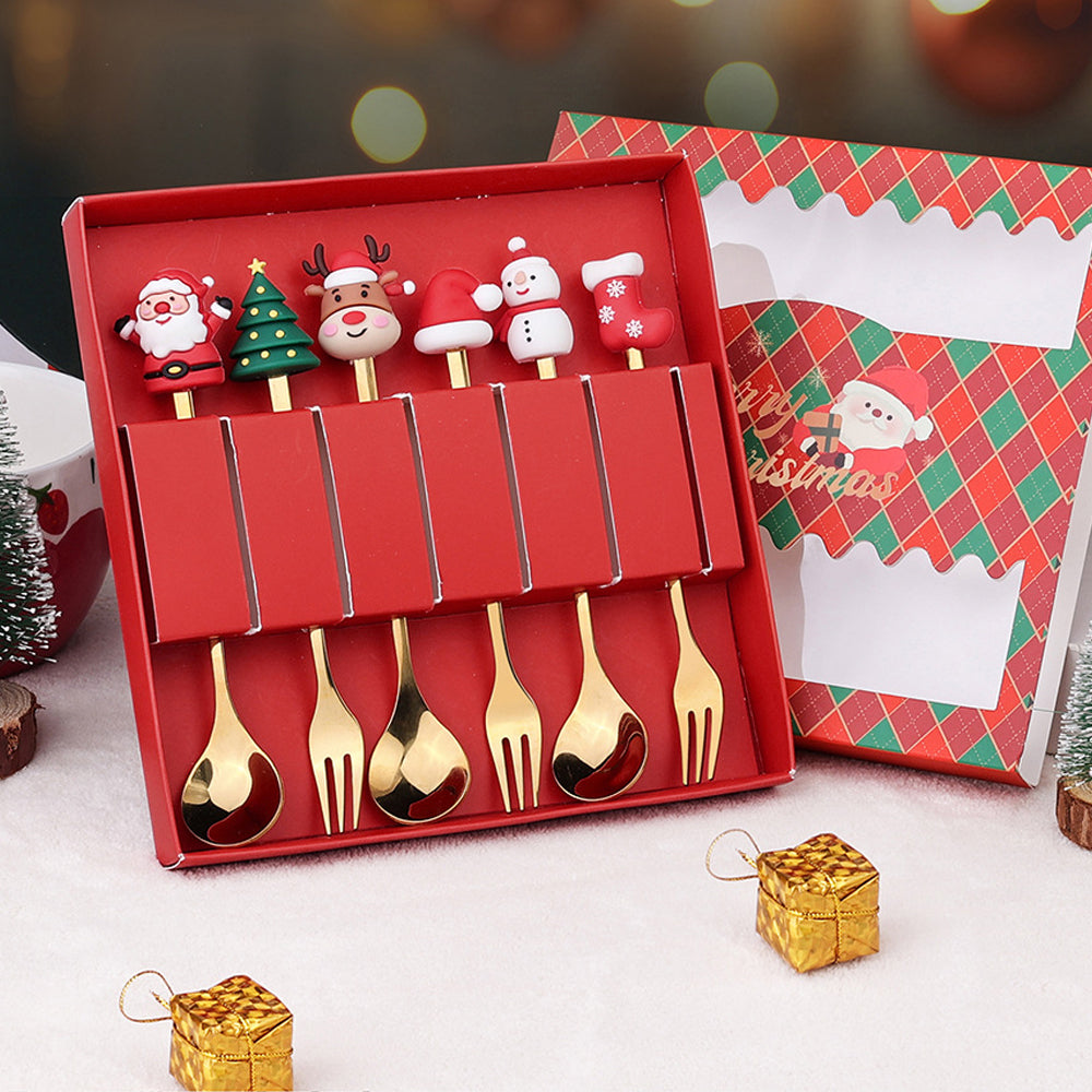 6Pcs Christmas Cake Dessert Coffee Stainless Steel Spoon Fruit Fork