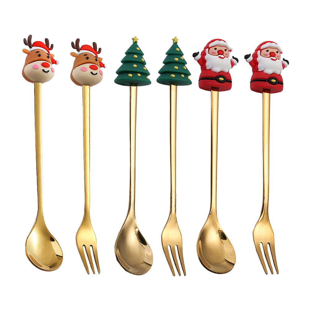 6Pcs Christmas Cake Dessert Coffee Stainless Steel Spoon Fruit Fork