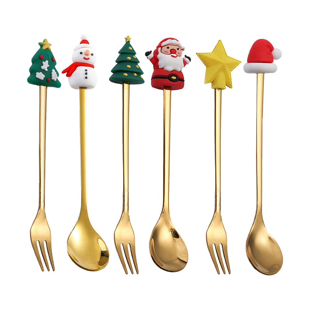 6Pcs Christmas Cake Dessert Coffee Stainless Steel Spoon Fruit Fork