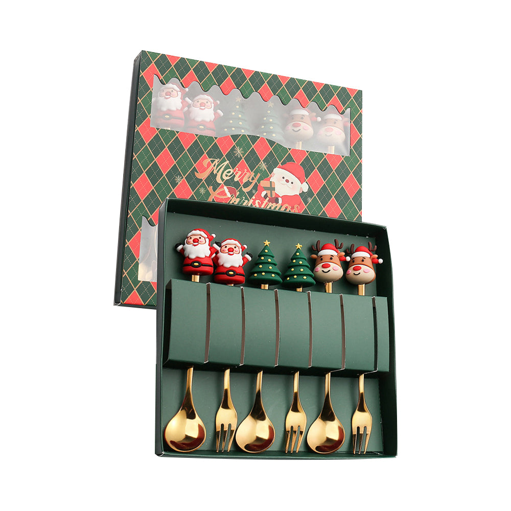 6Pcs Christmas Cake Dessert Coffee Stainless Steel Spoon Fruit Fork