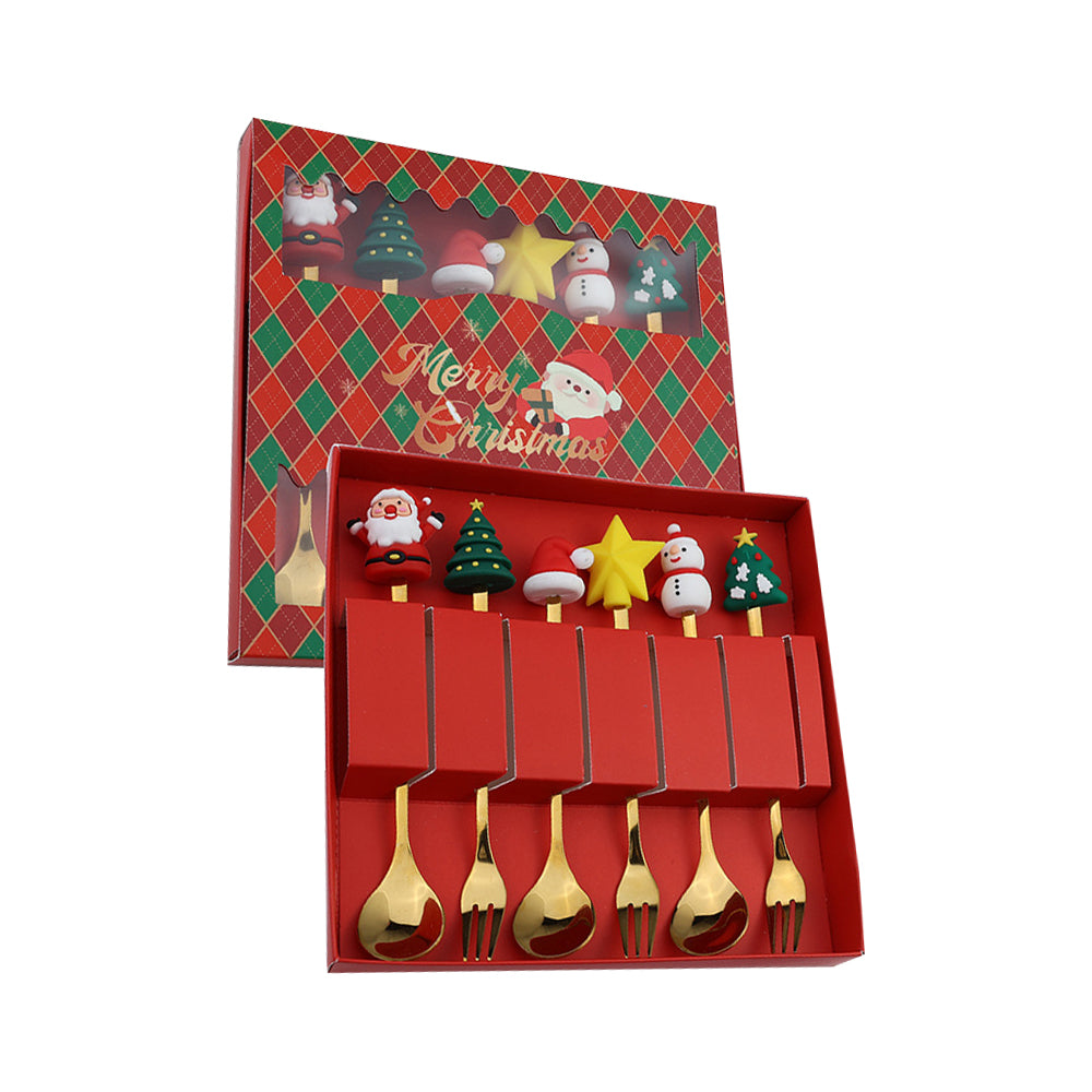 6Pcs Christmas Cake Dessert Coffee Stainless Steel Spoon Fruit Fork