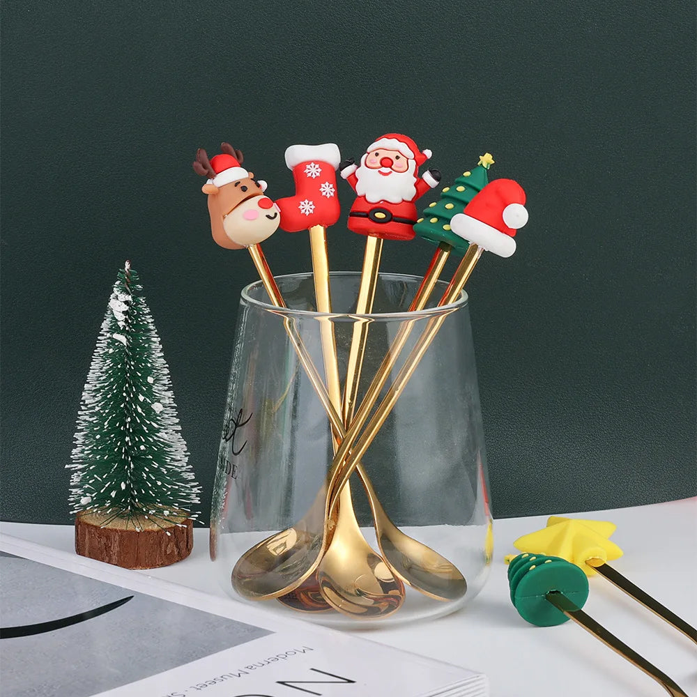 6Pcs Christmas Cake Dessert Coffee Stainless Steel Spoon Fruit Fork