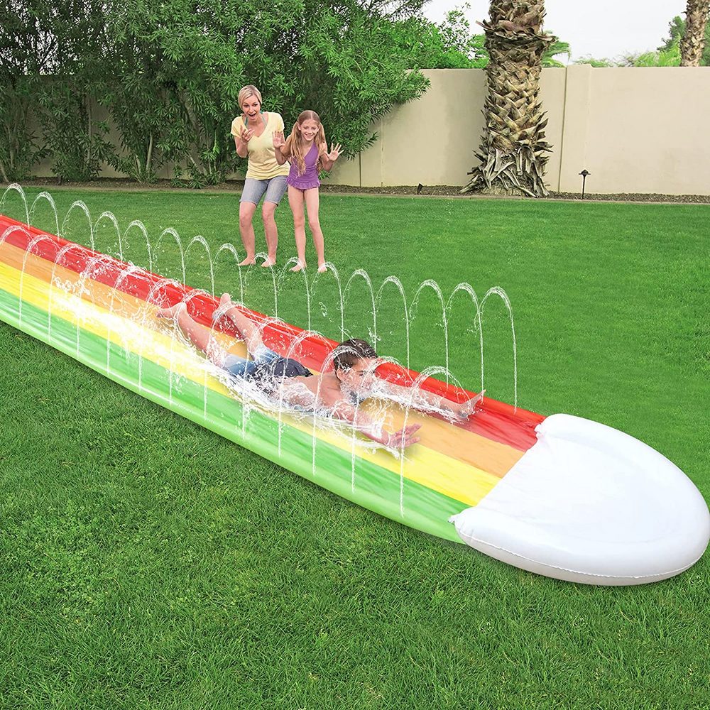 Lawn Water Slides Rainbow Slip Slide with Spraying and Crash Pad