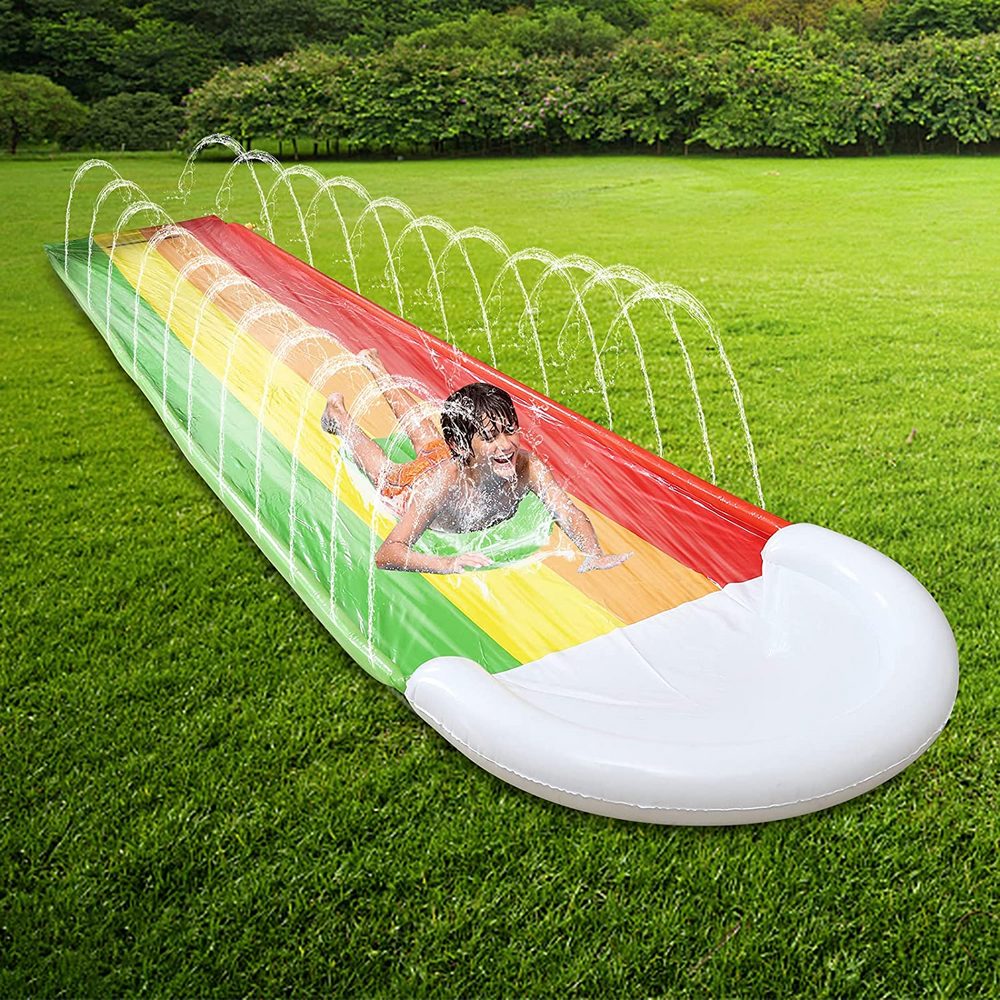 Lawn Water Slides Rainbow Slip Slide with Spraying and Crash Pad
