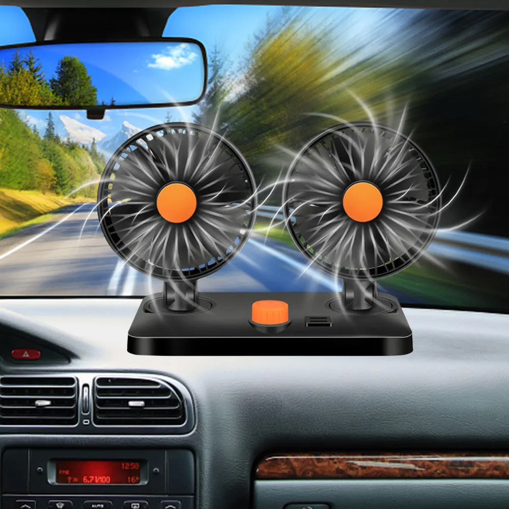 USB Portable 360 Degree Rotatable Dual-Head Car Fan with 3 Speed