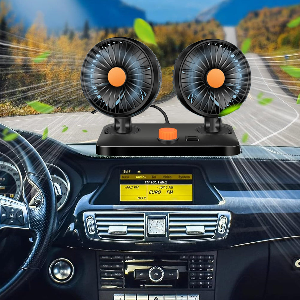 USB Portable 360 Degree Rotatable Dual-Head Car Fan with 3 Speed