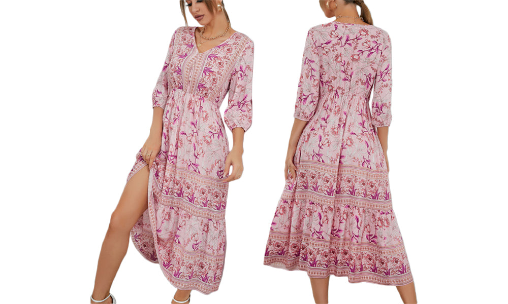 Women's Dresses Summer Bohemian Casual 3/4 Sleeve Floral Print Maxi Dress