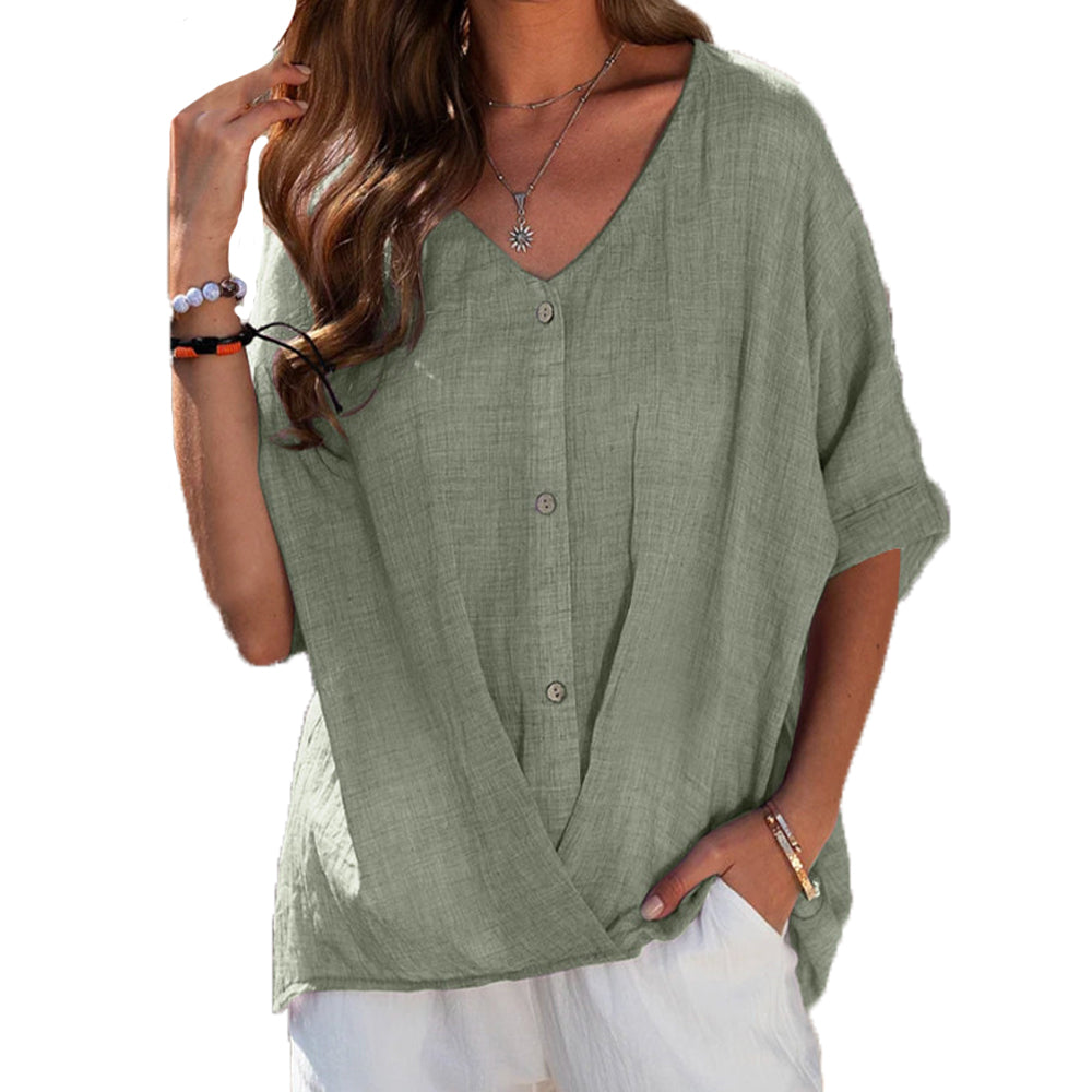 Women Cotton Linen V Neck Pullover Short Sleeve Loose Casual Tunic Top Blouse