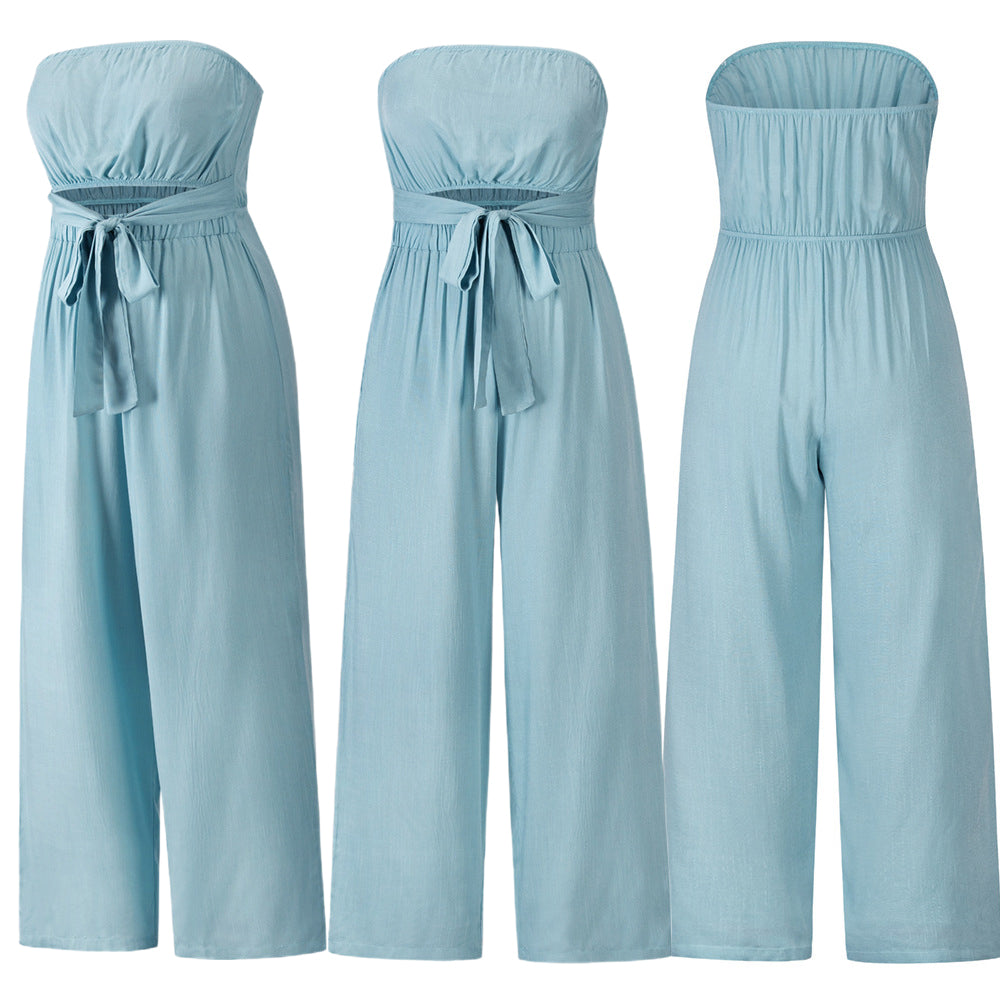 Women Strapless Belted Wide Leg Jumpsuit