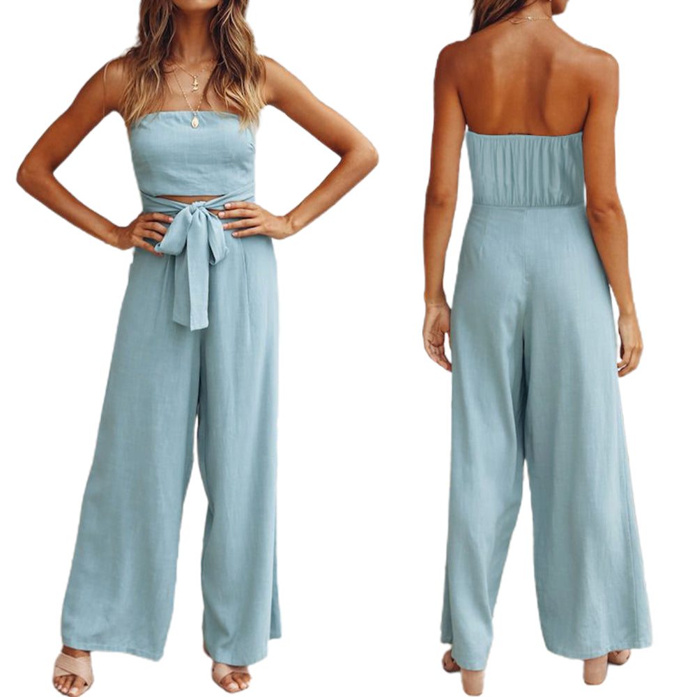 Women Strapless Belted Wide Leg Jumpsuit