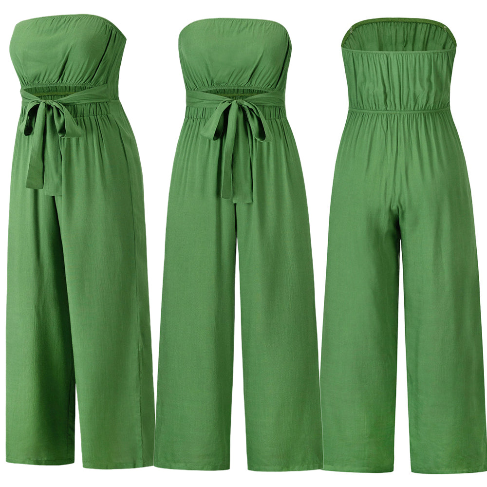 Women Strapless Belted Wide Leg Jumpsuit
