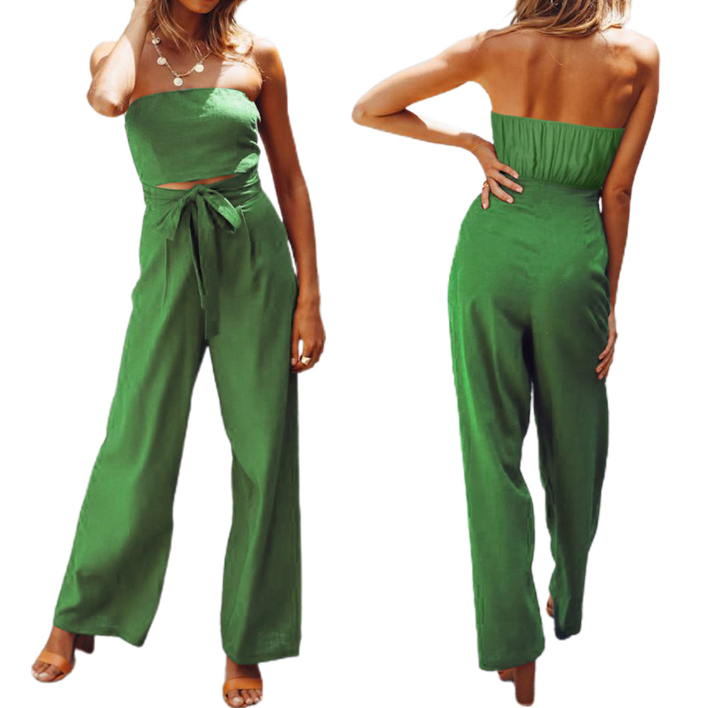 Women Strapless Belted Wide Leg Jumpsuit