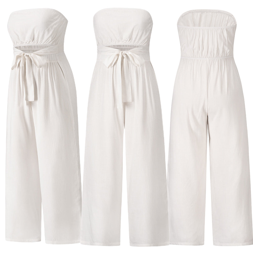 Women Strapless Belted Wide Leg Jumpsuit