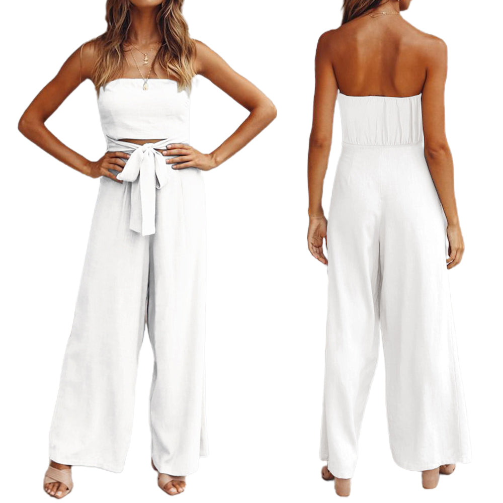 Women Strapless Belted Wide Leg Jumpsuit