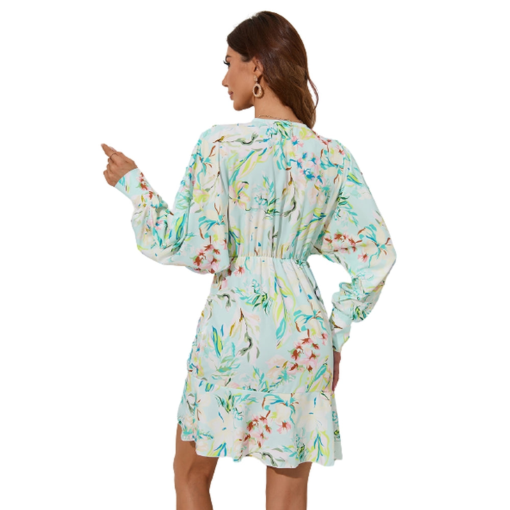 Women Floral Printed Long Sleeve Dress V-Neck Ruffle Mini Dress