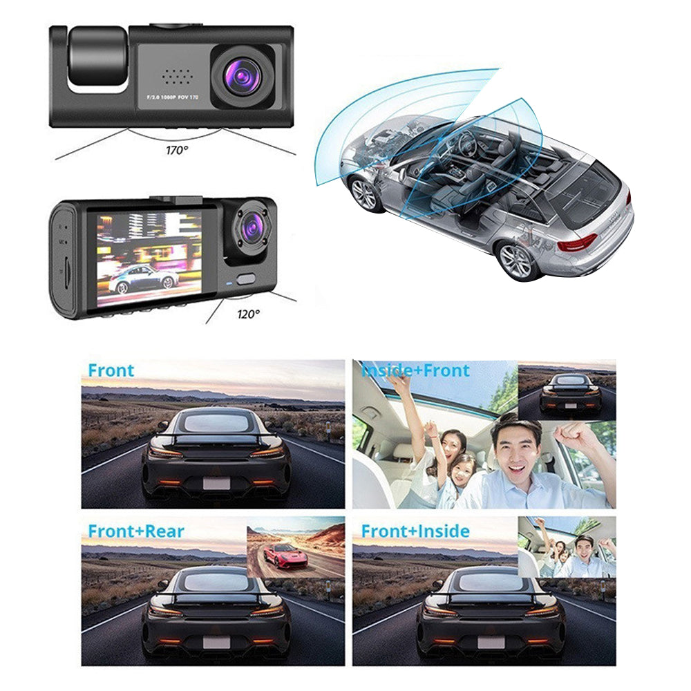 3 Channel Dash Cam Front and Rear Inside 1080P Full HD 170 Degree Wide Angle Dashboard Camera with 32GB SD Card