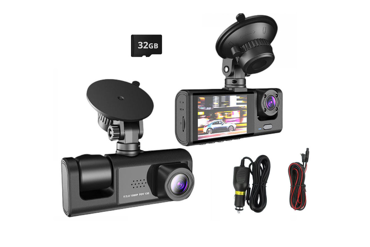Front and Rear Inside 3 Channel Car Dash Cam with 32GB Card