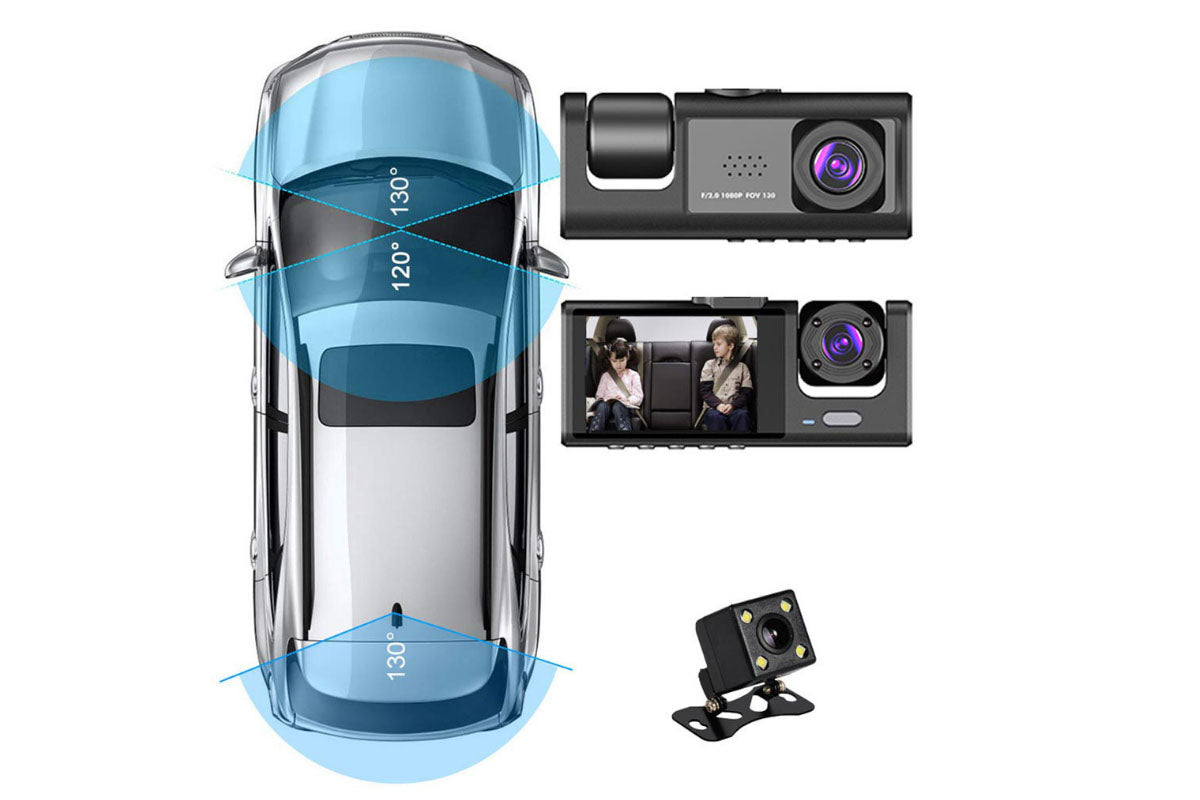 Front and Rear Inside 3 Channel Car Dash Cam with 32GB Card