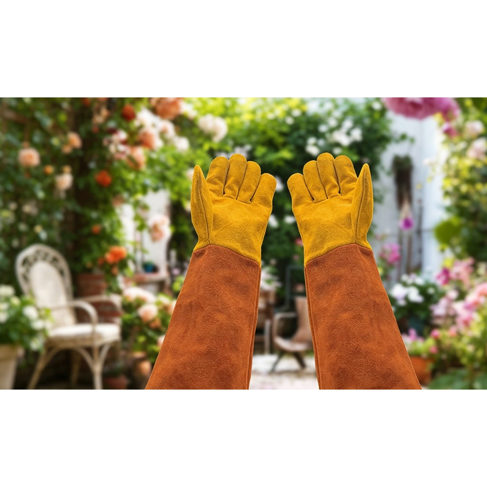 Long Cowhide Gardening Gloves Heavy Duty Thorn Proof Puncture Resistant