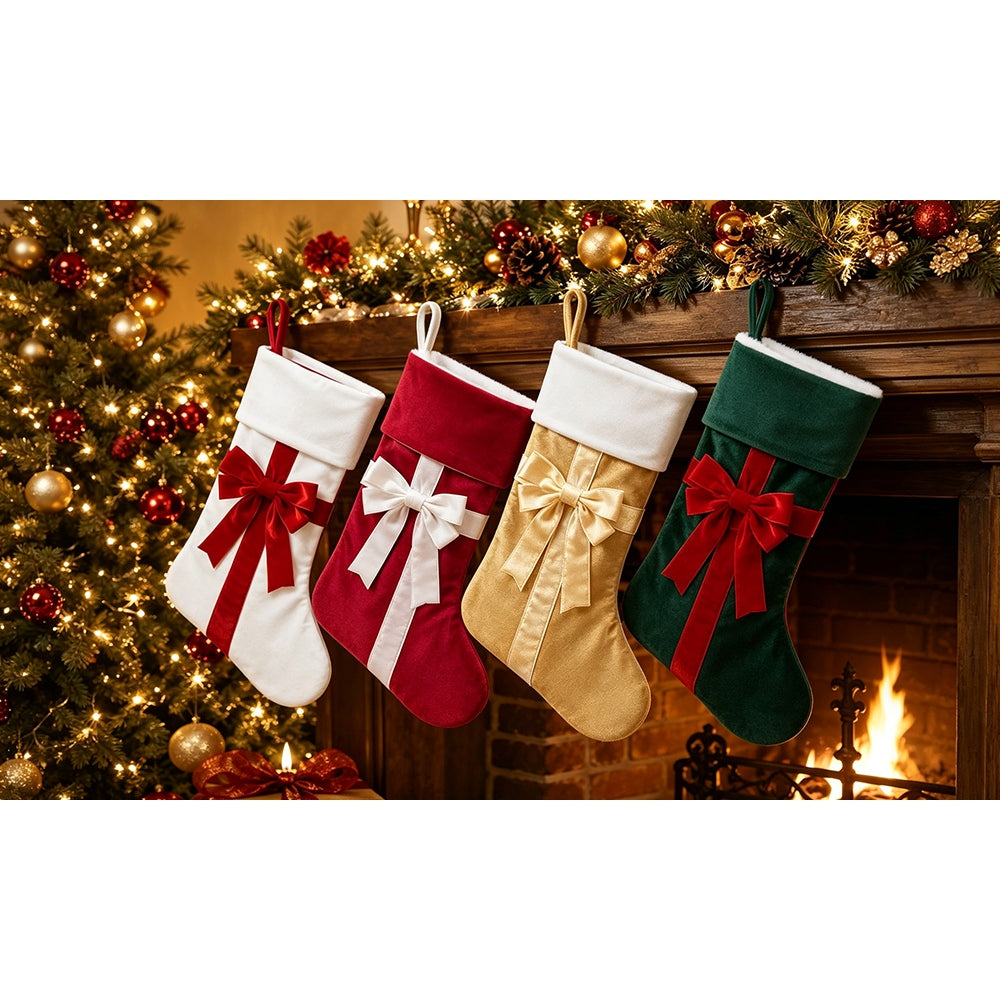 4 PCS Velvet Christmas Stockings with Bows for Fireplace Hanging Decor