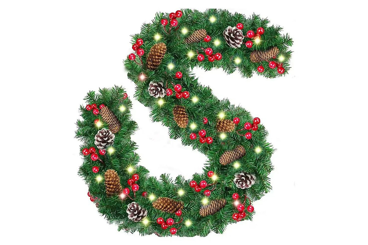 270cm Christmas Garland with Warm White LED Lights for Home Outdoor Fireplace Mantle Porch