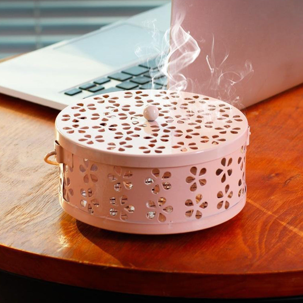 2X 14cm Metal Mosquito Coil and Incense Holder with Lid Floral Cutout Design
