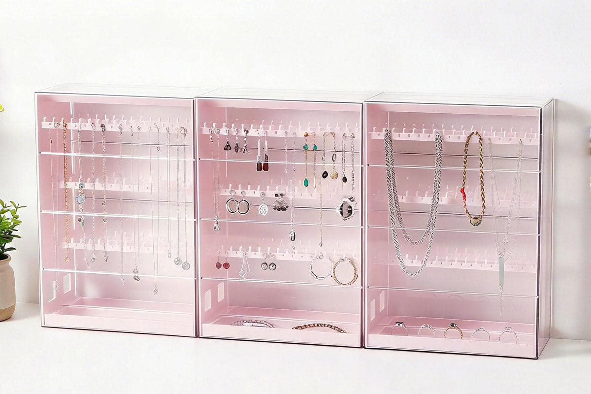 2-Tier Jewelry Organizer with Pull Out Drawer Earring Storage Box Display Case for Earrings Necklace Rings Studs