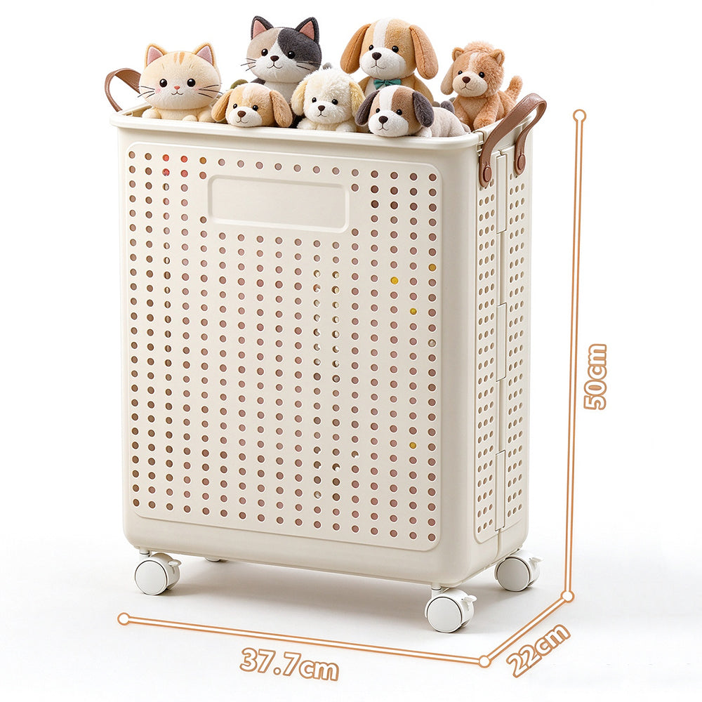 Folding Laundry Basket with Wheel Large Capacity Collapsible Clothes Storage Bin-Beige