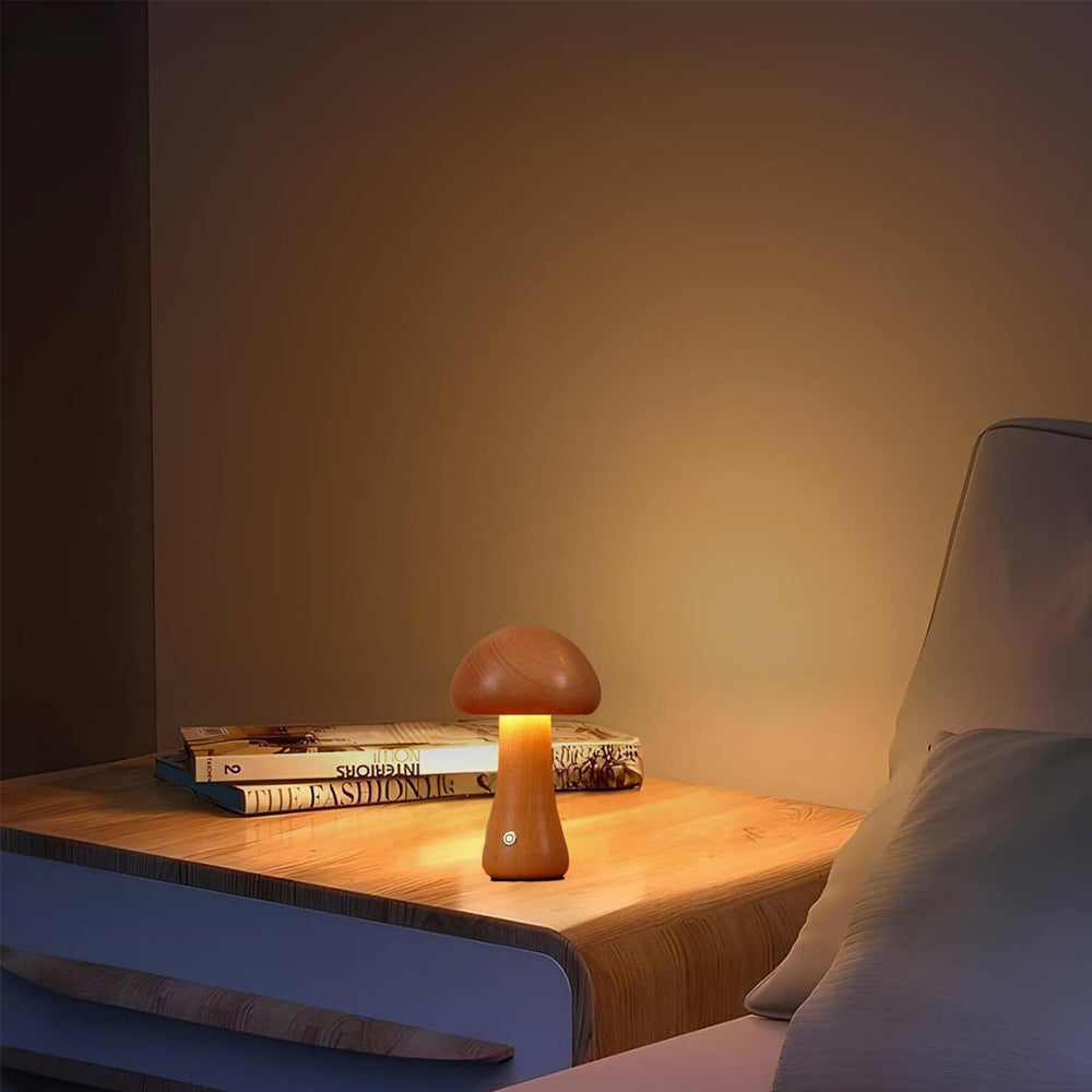 Wooden Mushroom Rechargeable Battery Operated Lamp with Stepless Dimming