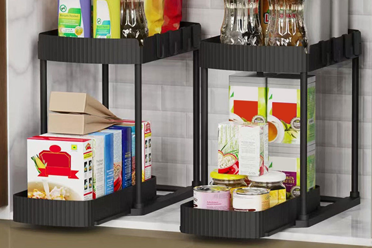 2Pcs Pull Out Storage Organizer Under Sink Shelf with 8 Hooks for Home Use