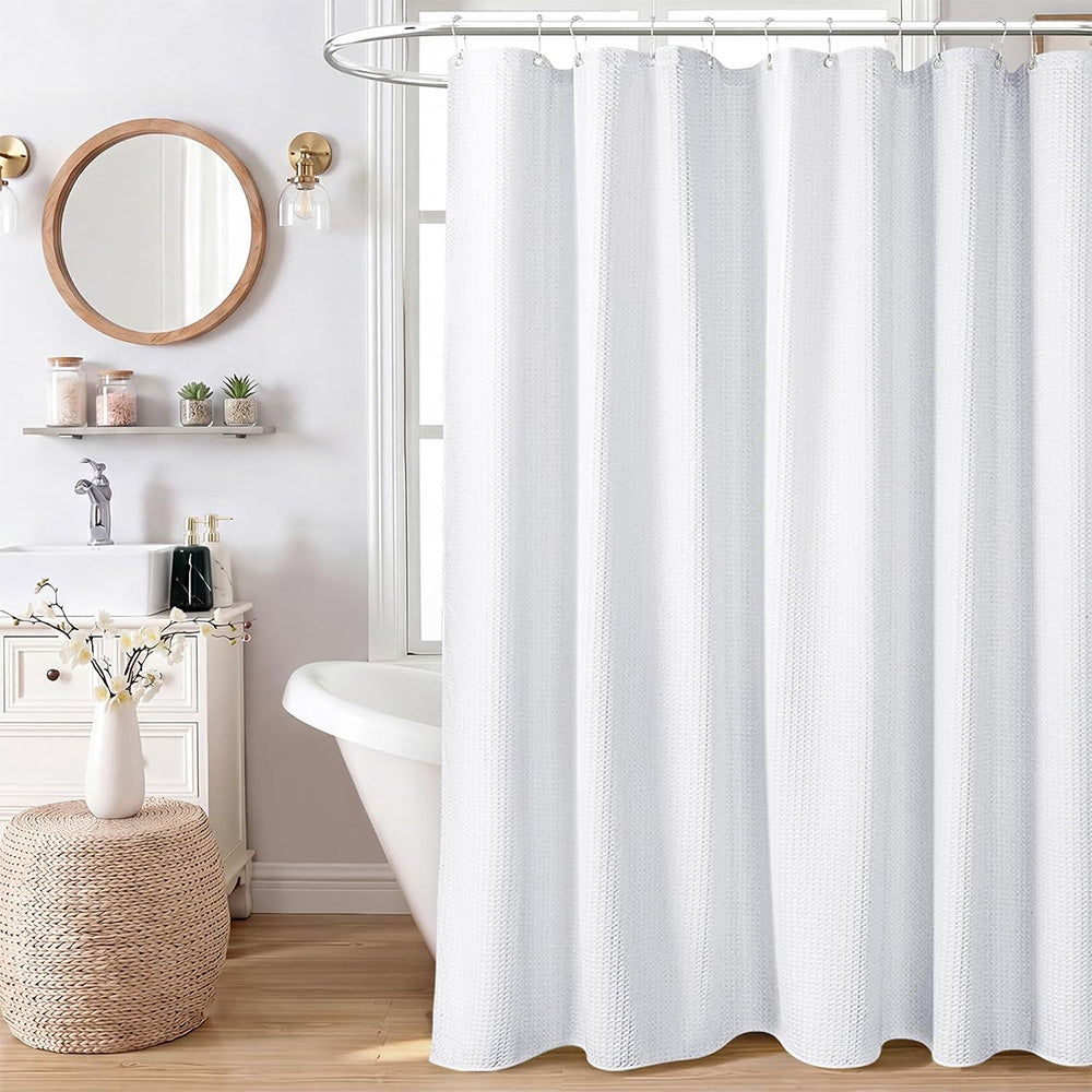Waffle Weave Water Resistant Shower Curtain with 12 Rustproof Rings-White
