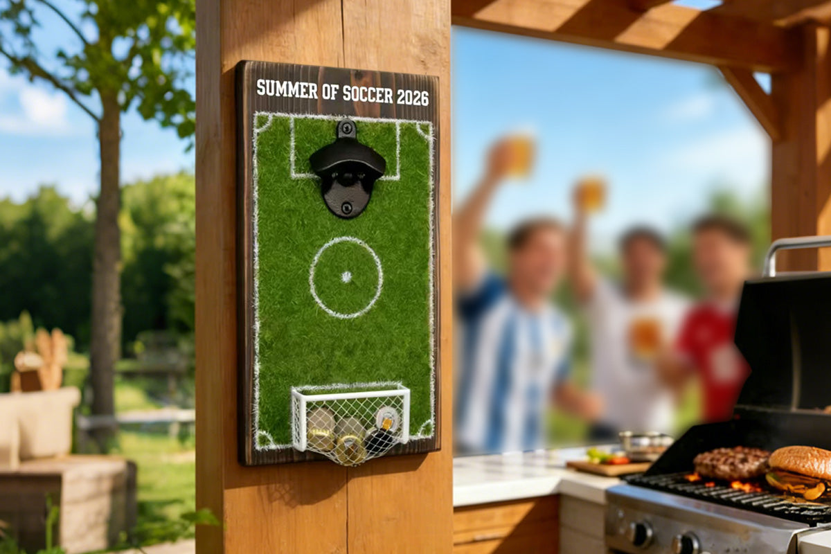 Soccer Field Wall Mounted Bottle Opener with Goal Net Cap Catcher Football Themed Beer Cap Opener