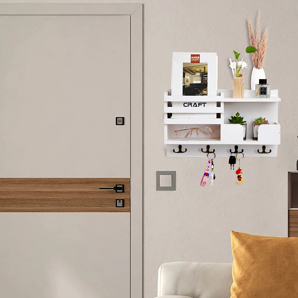 Wooden Key and Mail Holder for Wall Mail Organizer Wall Mount with 4 Hooks