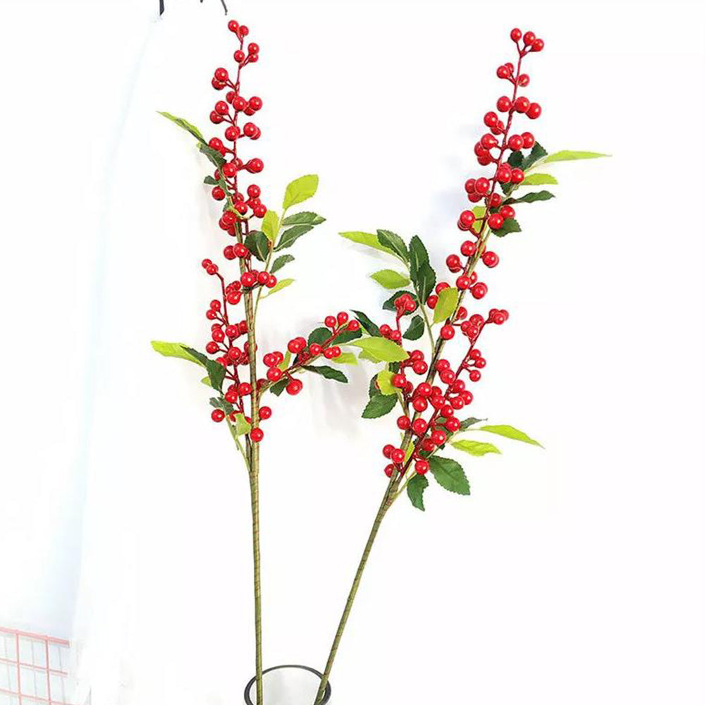 3Pcs 67cm Christmas Red Berry Holly Branch Pine Cone Artificial Flower Xmas Decor