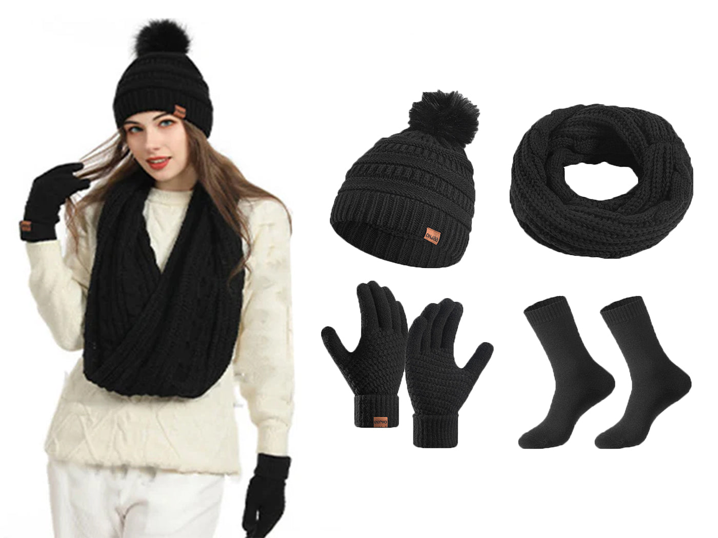Winter Warm Knit Beanie Hat Scarf Touch Screen Gloves and Socks Set for Women