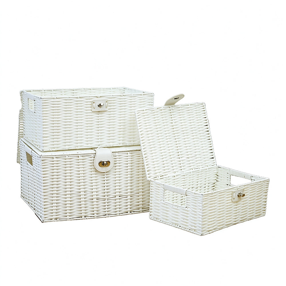 3 Piece Imitation Rattan Woven Storage Basket Set with Locking Lids-White