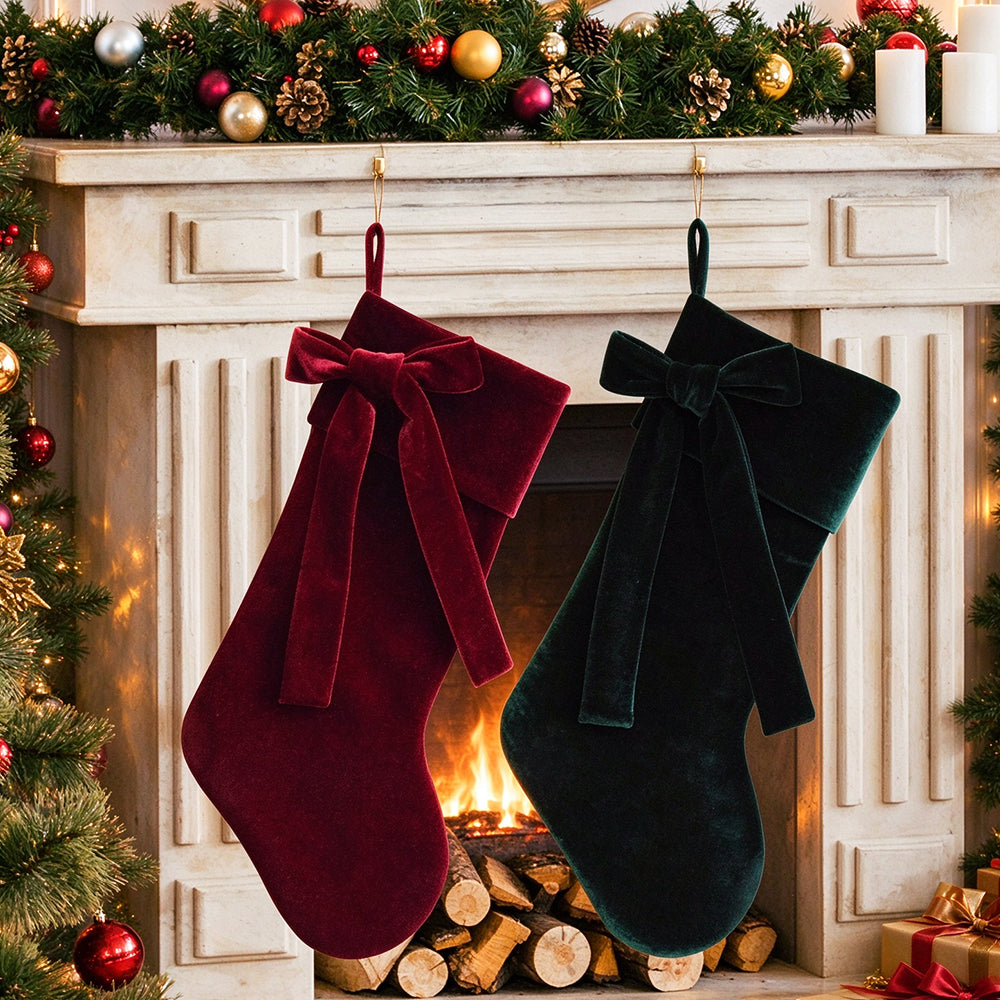 4 Velvet Christmas Stockings with Bows in Red and Green for Fireplace